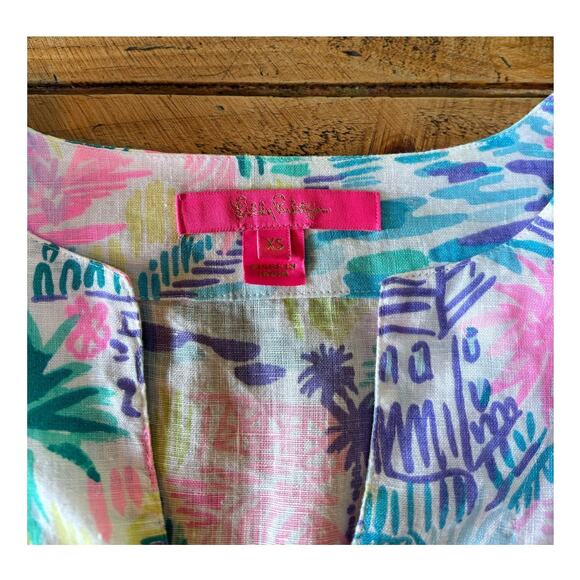 Womens Lilly Pulitzer Ocean Cove 100% Linen Tunic Blouse Top Blue Pink Size XS - Picture 9 of 13